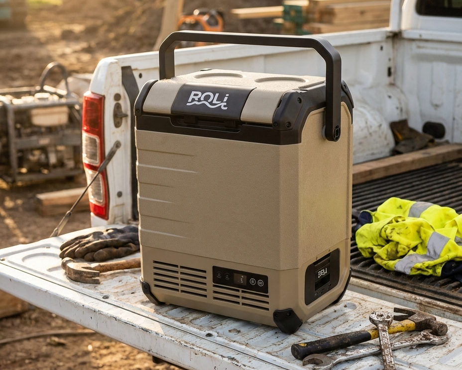 ROLi Mini 10L portable fridge in the cab of a ute
