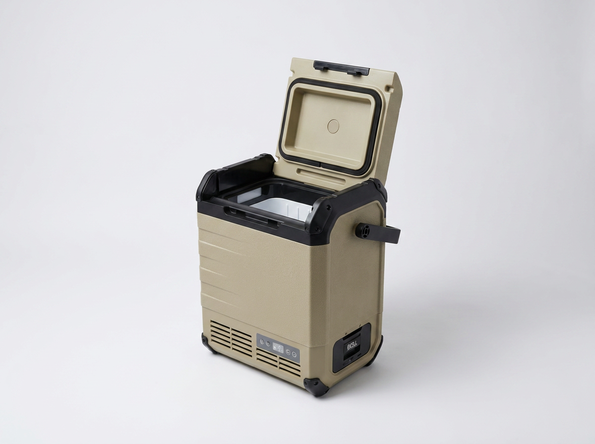ROLi Mini 10L portable fridge with lid open showing interior storage