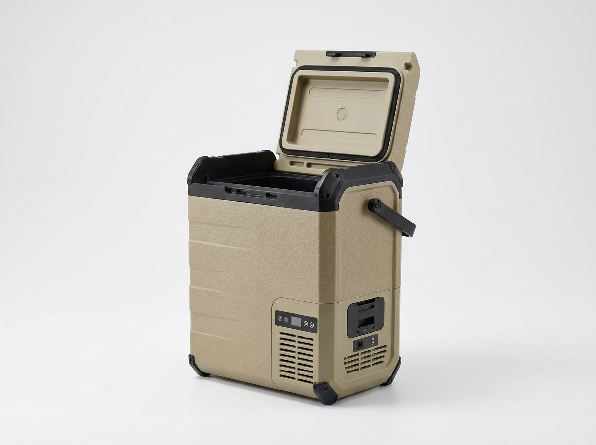 ROLi Roam 23L portable fridge with lid open showing interior storage