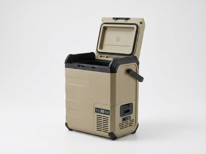 ROLi Roam 23L portable fridge with lid open showing interior storage