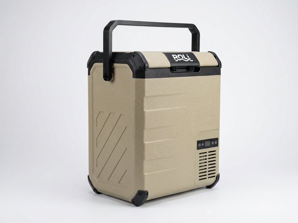 ROLi Roam 23L portable fridge, left front angle