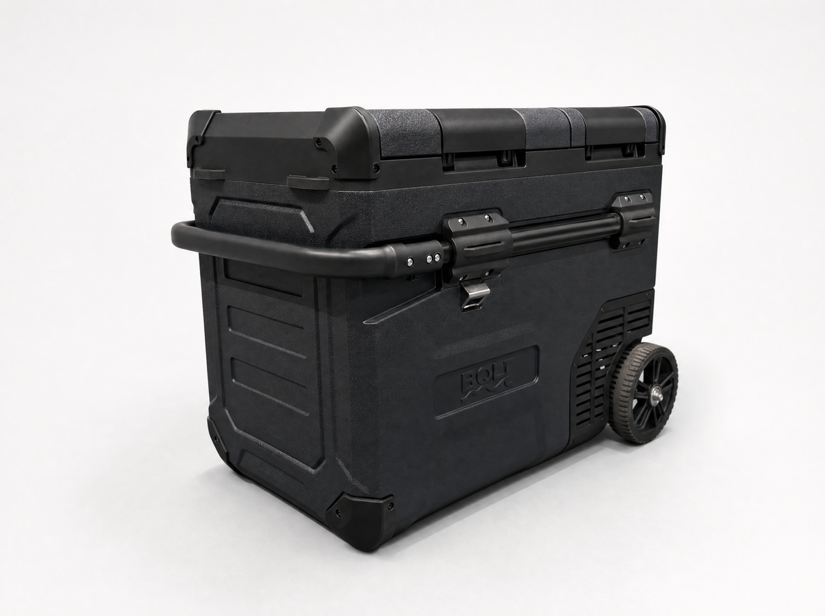 ROLi Weekender 45L dual zone portable fridge, left angle view