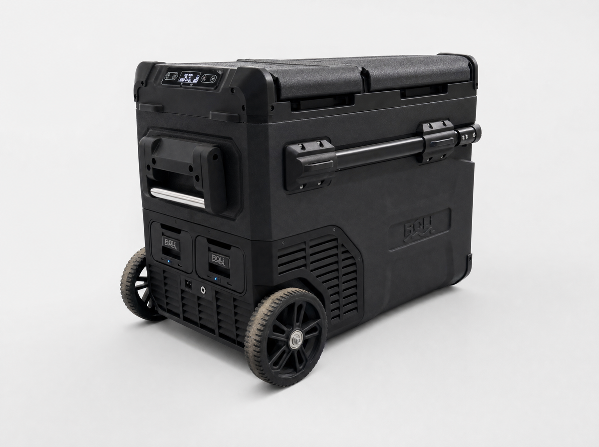 ROLi Weekender 45L fridge, rear left view showing wheels