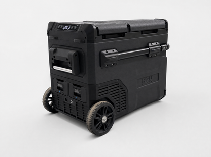ROLi Weekender 45L fridge, rear left view showing wheels
