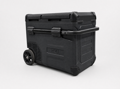 ROLi Weekender 45L fridge, rear right view showing wheels and vents