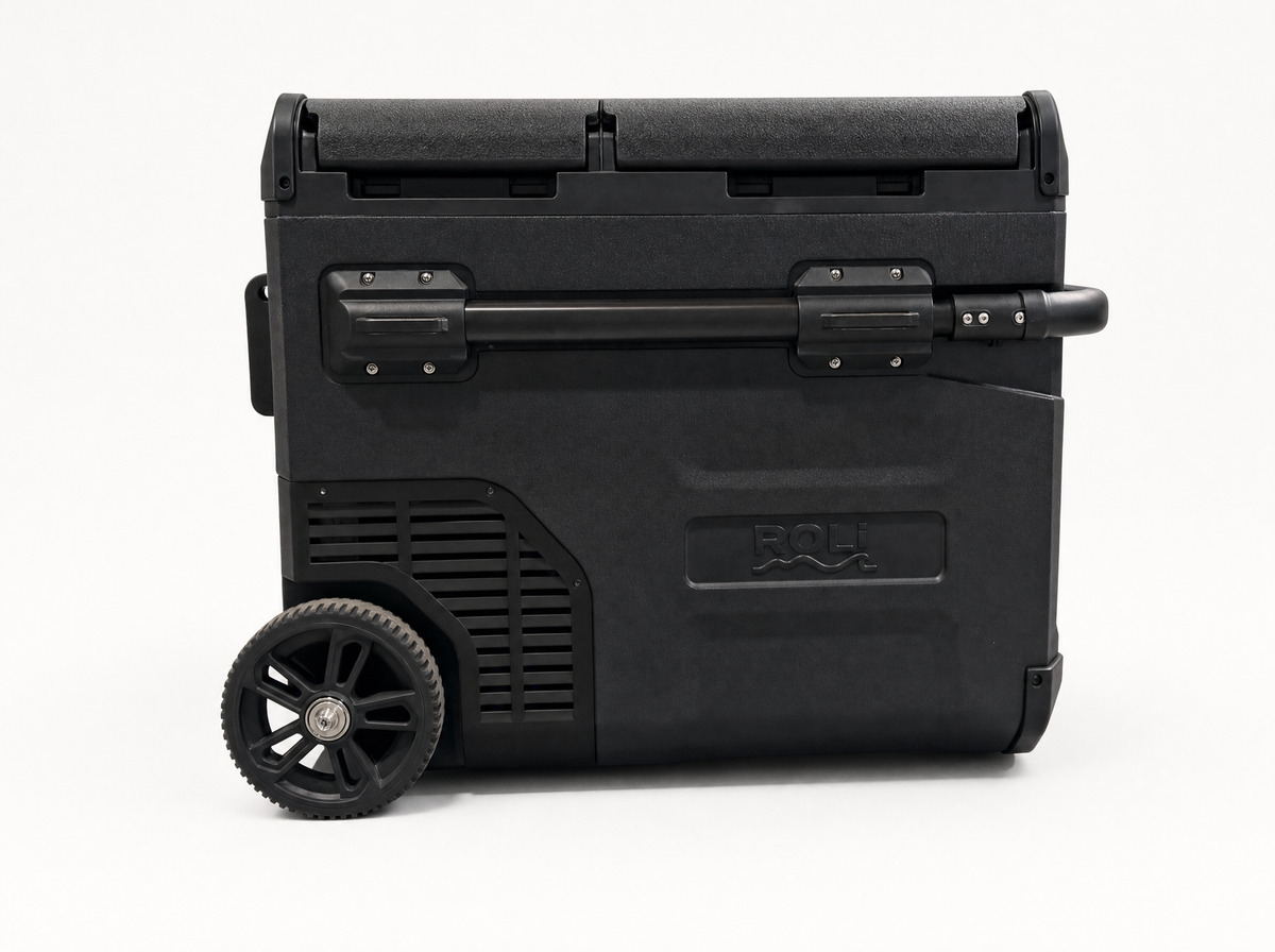 ROLi Weekender 45L fridge, rear side view showing power ports