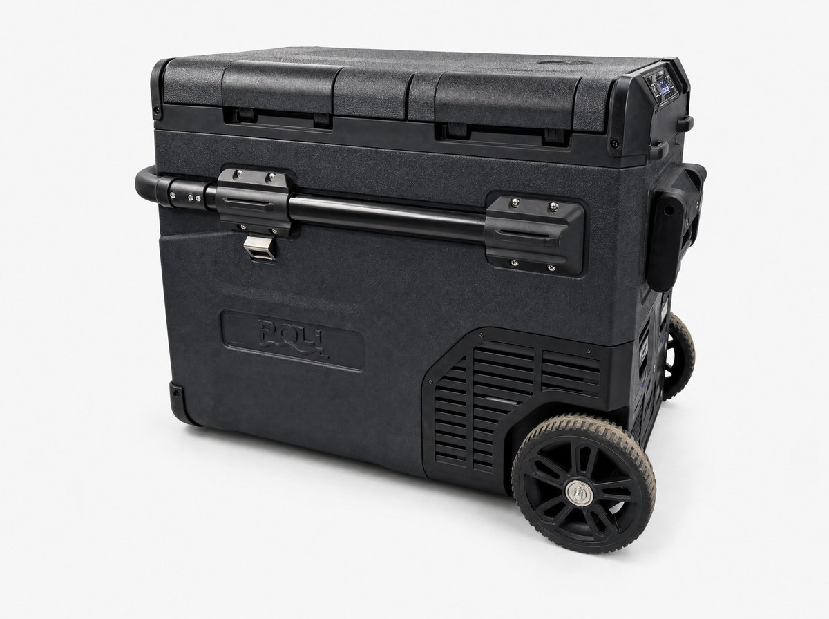 ROLi Weekender 45L dual zone portable fridge with wheels, right angle view