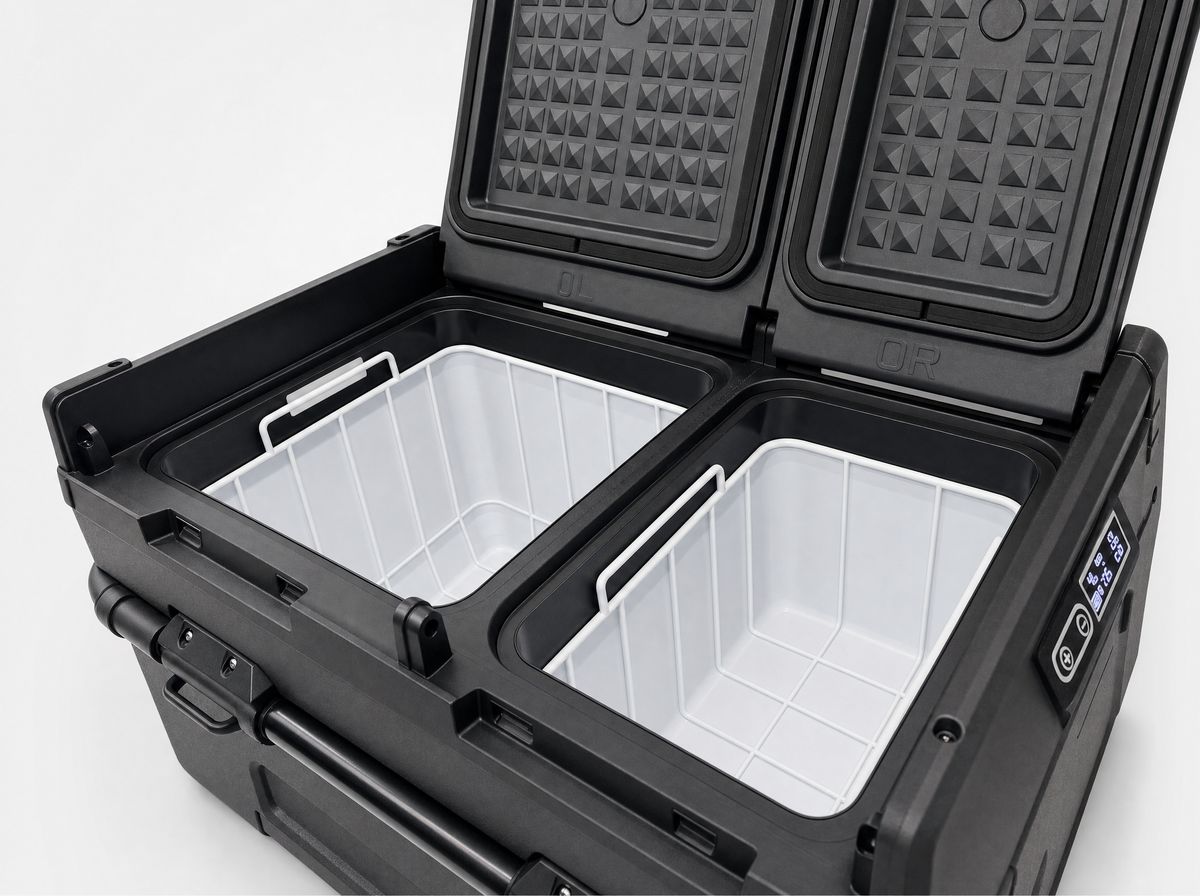 ROLi Weekender 45L dual zone fridge with lid open showing both compartments