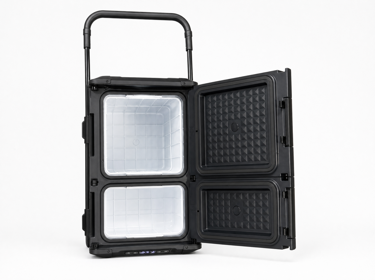 ROLi Weekender 45L dual zone fridge, top view of lid and controls